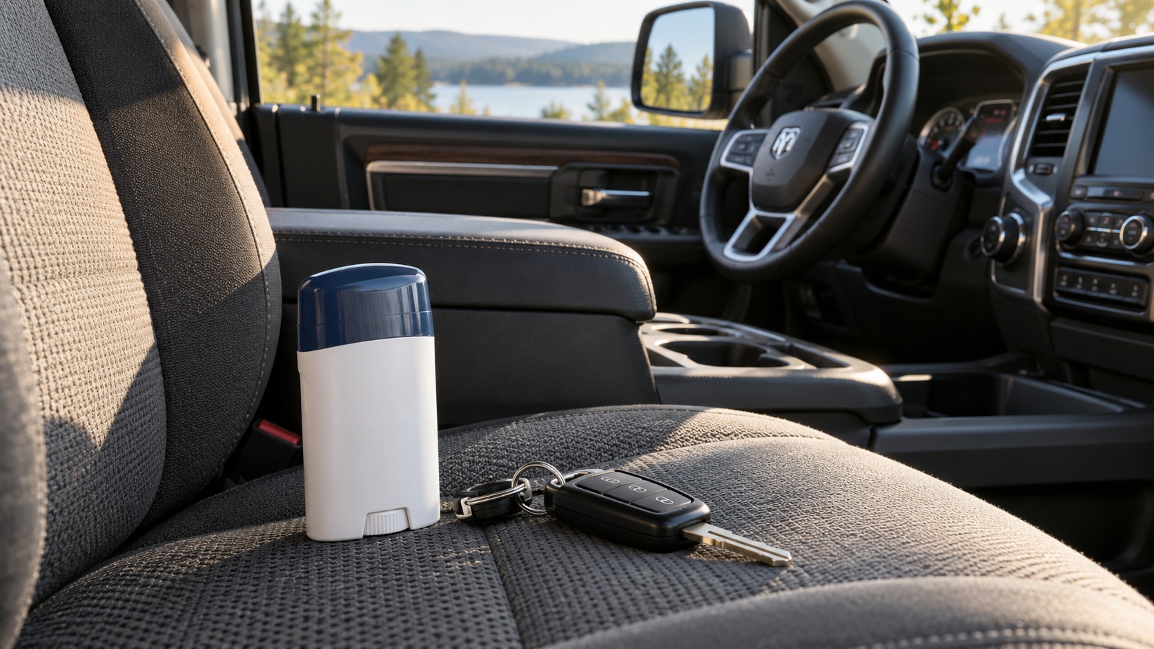 Capped deodorant stick and car keys on the passenger seat of a parked pickup.